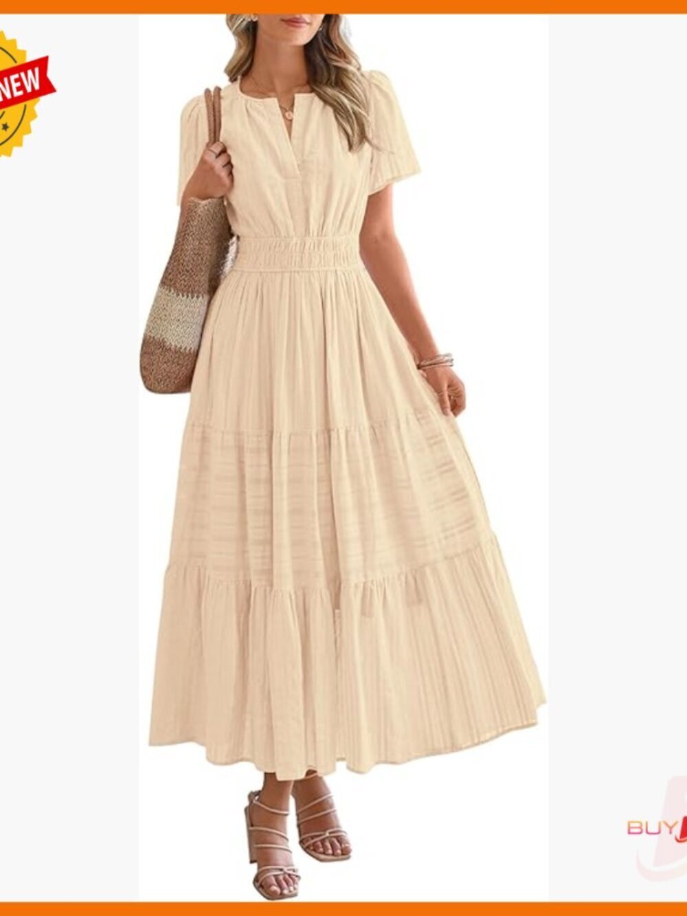 Lightweight Midi Maxi Dress with Pockets, Elastic Waist, V-Neck, Short Sleeve